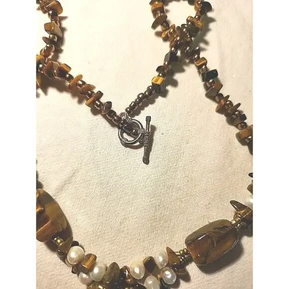 Tiger's Eye Stone Natural Pearl 925 Sterling Silver Necklace Pendant 22 In. - Picture 5 of 7